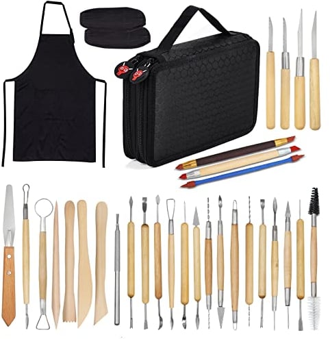 Clay Sculpting Tools,YZNlife Set of 30 Pottery Tools Clay Modelling Tools Kit Wood Clay Carving Tools Set with Storage Bag,Apron and Sleeves for Adults Beginners Pottery Ceramics Sculpture,Carving
