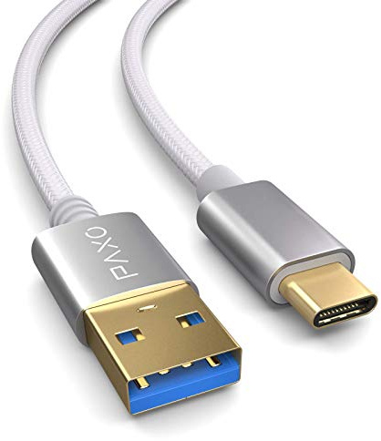 PAXO Câble USB C en nylon de 0,5 m, USB 3.1 (USB 3.0), blanc, câble de chargement USB A vers USB Type C, câble de données, fiche dorée