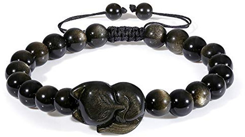 COAI Unisex Geschenkideen Verstellbares Armband aus Goldem Obsidian mit Fuchs Charm in Größe M