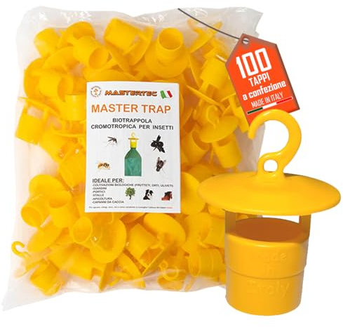 Mastertec Master Trap, 100 Pezzi, Trappola Mosche, Calabroni, Vespe, Cimici Asiatiche, Drosophila Suzukii e Popilia Japonica, Trappole Cromotropiche Gialle Ecologiche, Cattura Insetti Made in Italy