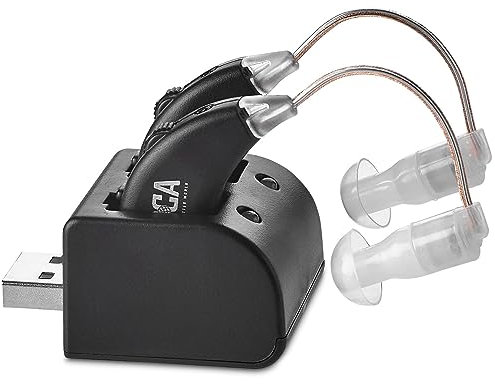 Ensemble d'amplificateurs auditifs numériques - Paire d'amplificateurs sonores personnels rechargeables de qualité supérieure pour contour d'oreille avec socle USB