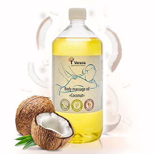 Verana Massageöl Kokosnuss, 100% Naturkosmetik, BIO, Vegan, Stellt Festigkeit und Elastizität wieder her, zur Vorbeugung von Schwangerschaftsstreifen, Reduziert Falten, Verjüngung (1L (1er Pack))