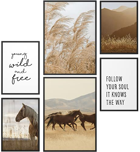 Papierschmiede® Mood Poster Set Wild and Free, Deko Bilder Wohnzimmer, 2x DIN A3 (ca. 30x42) und 4x DIN A4 (ca. 21x30), Boho Pferde Weide Getreide Beige - Wandposter ohne Rahmen