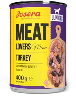 Josera Meat Lovers Junior Menu Turkey (6 x 400 g) | Junior | Premium Nassfutter für Welpen & Junghunde | extra viel Fleisch von Pute, Huhn & Lachs | getreidefrei | Hundefutter nass | 6er Pack