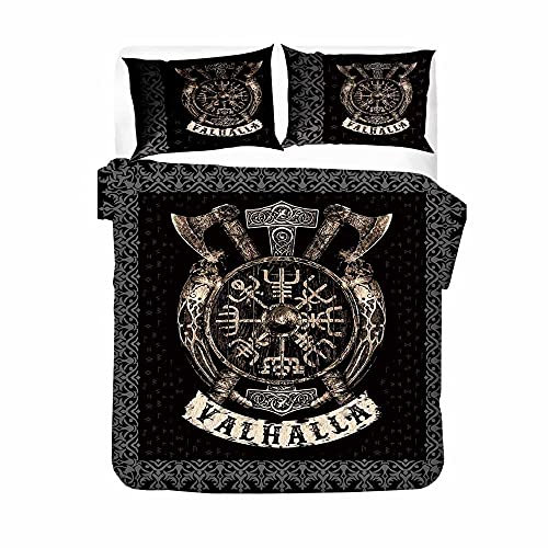 Bettwäsche 155 × 220 Cm Schwarzer Klassischer Wikinger Mythos Bettbezug Set, Super Weicher Bettbezug Mit Reißverschluss Für Erwachsene Und Kinder, Mikrofaser Bettbezug Mit 2 Kissenbezügen 80 × 80 Cm