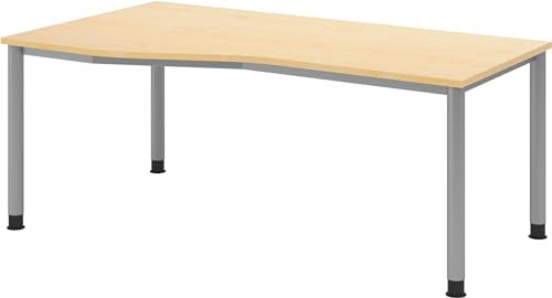 bümö höhenverstellbarer Schreibtisch H-Serie 180x100 cm in Ahorn, Gestell in Silber - großer PC Tisch für's Büro manuell höhenverstellbar, Computertisch verstellbar
