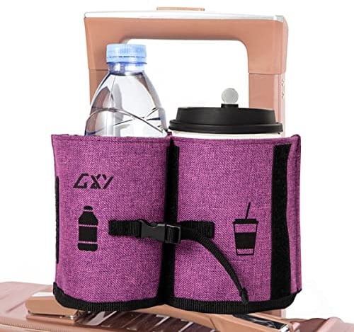 Luggage Travel Cup Holder, Drink Caddy Bag Hold Two Coffee Mugs Fits Roll on All Suitcase Handles Portable Universal Traveler Accessory for Men Women Purple