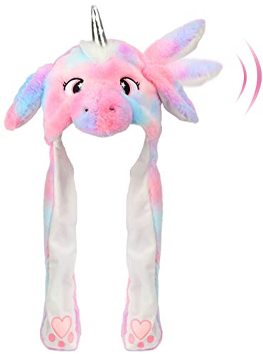 Hopearl Einhorn Hut mit Ohren Bewegen Springen Pop Up Schlagen Hut Plüsch Urlaub Cosplay Dress Up Lustiges Geschenk für Kinder Mädchen, Regenbogen, 56CM