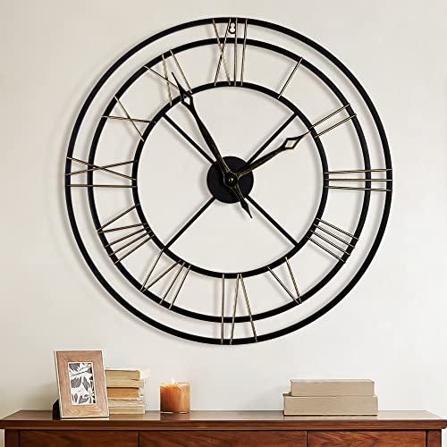 60 cm große Wanduhr schwarz,24 Zoll Vintage römische Ziffer dekorative Metalluhr fast geräuschlos moderne Wohnkultur ideal für Wohnzimmer Schlafzimmer Küche Outdoor Wanduhr dekoratives Wohnzimmer