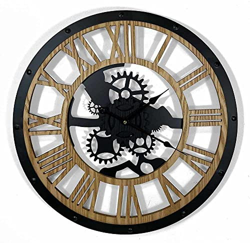 zeitzone Wanduhr Zahnrad Vintage Retro Uhr Holz Metall Schwarz Industrial Vintage 52cm