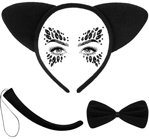 BBTO 4 Stück Katzenkostüm Set Katzenohren Haarreif Schwanz Fliege und Augen Gesicht Edelstein Halloween Tierkostüm Set für Frauen Katzenohren Kostüm für Karneval Halloween, Schwarz (Stilvoll)