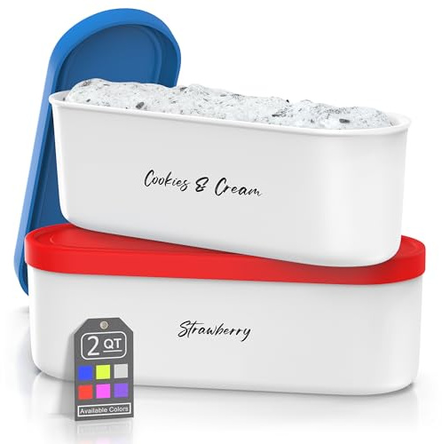 BALCI,Ice Cream Container,2 Quart (Set of 2),Perfect Reusable Freezer Storage for Homemade Ice Cream Tubs for Sorbet, Frozen Yogurt and Gelato!,Flexible Silicone Lids, Stackable,Blue & Red