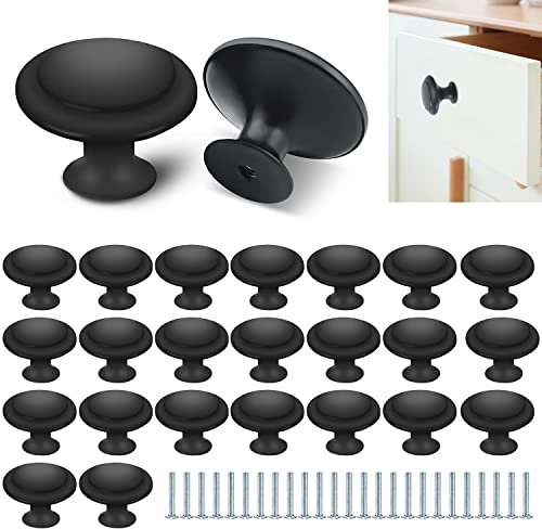 FAURAPMNG 25 Pieces Round Kitchen Cabinet Knobs, 27mm Round Drawer Pulls, Cabinet Handles Cabinet Door Knobs, Cupboard Handles, Drawer Handles Hardware with Screws for Dresser Drawer (Matte Black)