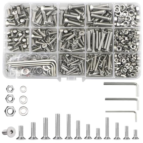 747 Pcs Nuts And Bolts Assorted Set(M3/M4/M5), Flat Hex Socket Head With Washers,Stainless Steel Machine Screws With Wrench,Allen Key Bolts Mixed Assortment (Silver)