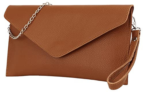 SH Leder Echtleder Clutch Umhängetasche kleine Tasche elegant Abendtasche in genarbt Rindleder mit Tragkette 31,5x16,5cm Saya G369 (Dunkel Cognac)