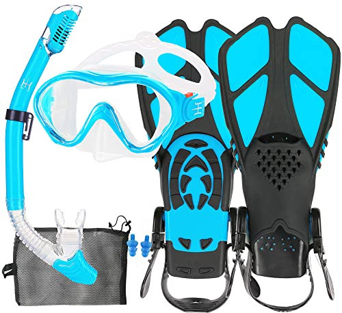 HH HHAO SPORT Schnorchelset Kinder mit Flossen, 180° Anti-Fog Panorama Weitblick Taucherbrille Kinder, Verstellbaren Schwimmflossen, Hochwertige Tauchermaske und Dry Top Schnorchel für Schwimmen