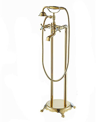 Wasserfall Freistehende Dusche Badewanne Wasserhahn Set mit Handbrause Vintage Telefonform Bodenmontage Stehende Badewanne Dusche Mischbatterien Doppelgriff Badewanne Dusche Mischbatterien Golden