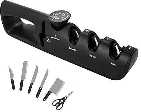4 in 1 Knife Sharpener, Professional Sharpening 6 Step Adjustable Angle Guide Knife Sharpers Tool with Scissor for Chef's Kitchen Knives and Scissors Black