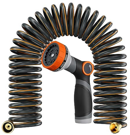 Garden Hose 50 ft, Coil Hose with 10-Pattern Spray Nozzle, Flexible Garden Hose with 3/4 Fittings, Lightweight and No Kink Water Hose, Retractable Collapsible Boat Hose for RV, Yard, Outdoor Watering