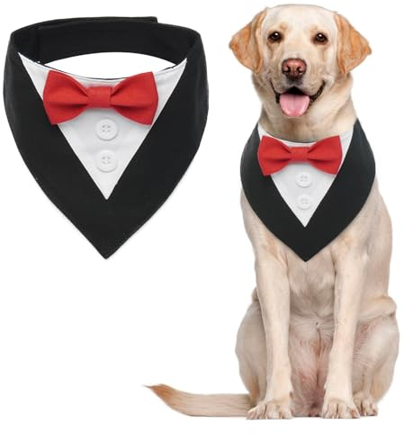 MHaustlie Hunde Smoking Bandana, Formale Haustier Smoking Fliege, Formale Feste Hundehalstuch, Verstellbar Haustier Anzug Fliege Bandana für Hochzeit Geburtstag Halloween Weihnachten(M, RotSchwarz)