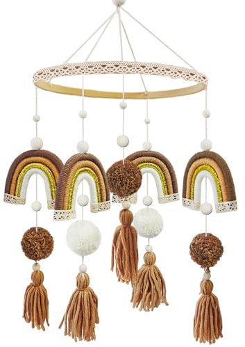 Holz Baby Mobile Babybett Windspiele, Hängende Makramee Regenbogen Boho Quasten Bettglocke Windspiel für Babyzimmer Deko Kinderzimmer Wanddeko Dekoration Jungen Mädchen (Braun)