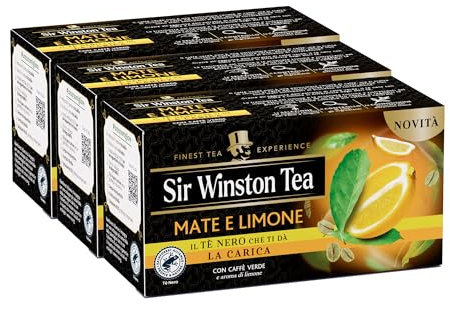 Sir Winston Tea, Tè Nero Mate + Limone, 60 Filtri (3 Confezioni da 20 Filtri), Bevanda Energizzante, con Estratto di Caffè Verde, Certificato RFA, Senza Lattosio, Glutine e Allergeni, Vegan