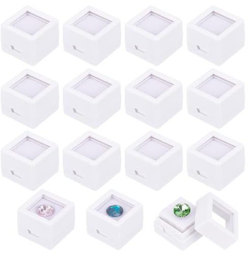 BENECREAT 36 Packung Edelstein-Displaybox 2x2x1.6cm Weiße Acryl-Diamant-Vitrine, Weißer Schwamm-Schmuckkästchen-Behälter Mit Transparenten Deckeln Für Edelsteine, Münzen, Raute