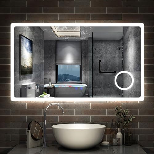 Aica Sanitär Badspiegel mit Bluetooth 160×80cm Uhr Schminkspeigel Kalt/Neutral/Warmweiß dimmbar Touch/Wandschalter Beschlagfrei Spiegel Badezimmerspiegel