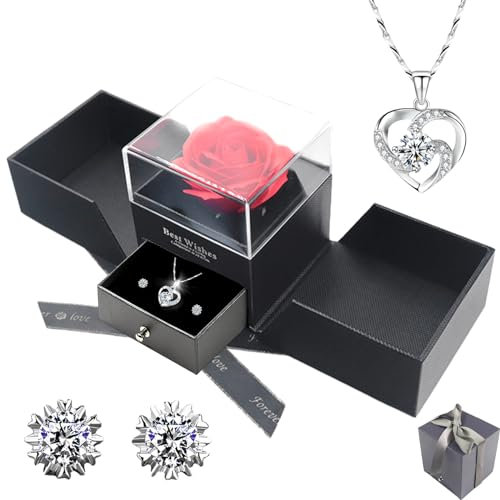 DALAETUS 4 Pcs Eternal Rose Set with Earrings and Necklace, Valentines Gift for Her, Love Eternal Rose Gift for Girlfriend Wife, Preserved Rose Gift Box for Valentine's Day, Anniversary