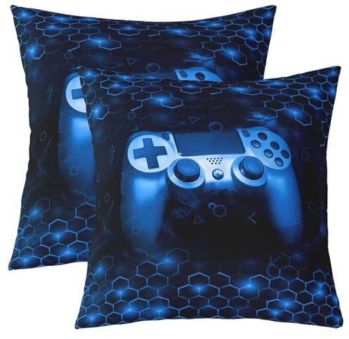 Honeycomb Pillow Cases Cushion Covers Kids Gamer Throw Pillow Covers 16x16 Set of 2 Soft Game Controller Decorative Throw Pillowcases for Room Decor Hexagon Gaming Gifts Blue Cushion Cases