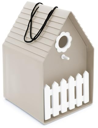 Kunststoff Vogelhäuschen zum Hängen 20 x 15 cm - beige - Vogel Nistkasten mit Kleiner Sitzstange - Garten Deko Vogelhaus Futterstation Haus für Meisen und Sperlinge