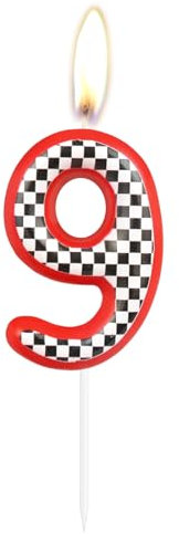 Birthday Cake Number 9 Candle Topper, Red Racing Happy Birthday 9th Cake Toppers, Red Black and White Racing Decorations for Kids Boys Car Theme Birthday Party