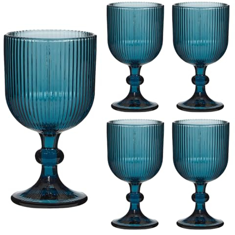 Ribbed Wine Glasses Set of 4 Mid-Century Modern Style Glassware Wine Glass Goblets Dishwasher Safe Alfresco Dining (Blue)