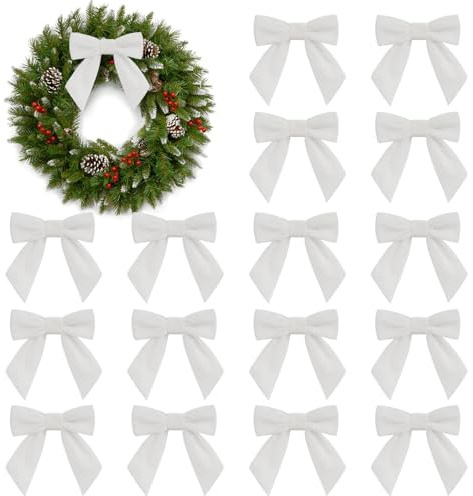 16Pcs Christmas Velvet Bows, 4.3 Vintage Velvet Ribbon Bows for Christmas Tree Garland Wreath Gift Wrapping DIY Crafts Wedding Decor (White)