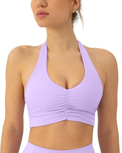 PAVOI ACTIVE FlexFlow Neckholder-BH mit Rüschen für Damen, tiefer Halt, V-Ausschnitt, Yoga, rückenfrei, Sport-BH, gepolstertes Neckholder-Top, Flieder, Medium