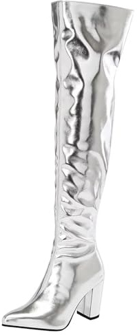 HSyc JRX Stivali sopra il ginocchio con tacco a blocco, stivali invernali, argento, 38.5 EU