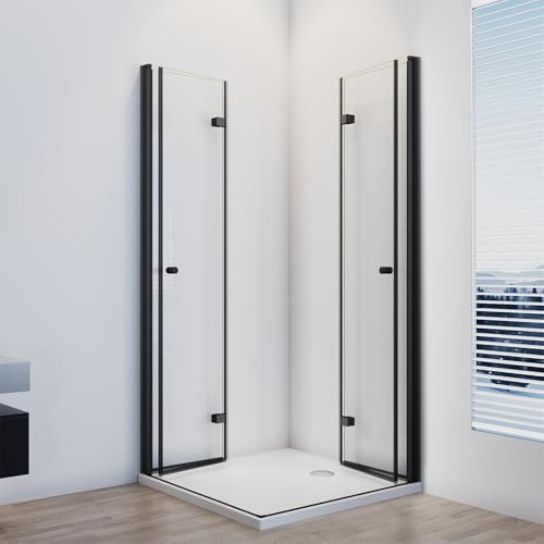IMPTS Duschkabine Eckeinstieg Schwarz 70X70 cm Doppelt Falttür Falttürkabine Duschtür Faltbar Dusche Duschabtrennung 6mm ESG Glas, Höhe 185 cm