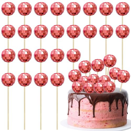 Ephlyn 24Pcs Red Disco Ball Cupcake Toppers Disco Ball Cupcake Picks Mini Disco Ball Cake Toppers Disco Theme Cake Decorations for Disco Theme Party 70s Disco Party Decorations