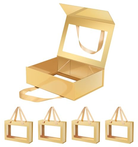 JINGUAN 5 goldene Geschenkboxen mit Fenster, Geschenkboxen mit Deckel und Griffen, transparente magnetische Geschenkboxen für Geschenke, Brautjungfernantragsboxen (26,7 x 19,1 x 7,6 cm