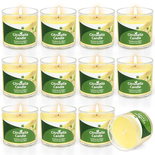 12 St Citronella Kerze Outdoor, 300 Std Draußen Citronella Duftlichter Klein Kerzen Natürliche Sojawachs Zitronella Garten Duft Kerze Indoor Draussen Sommergeschenk Set für Camping Picknick Terrasse