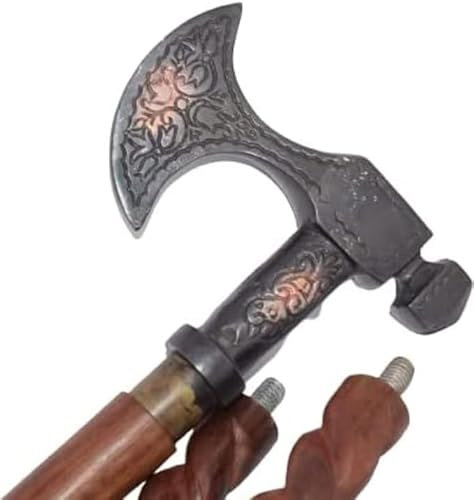 Antique Axe Handle Designer Brown Walking Stick Vintage Unique Design Wooden Walking Stick Cane Adjustable Walking Stick Medieval Replicas A Great Gift for Senior.