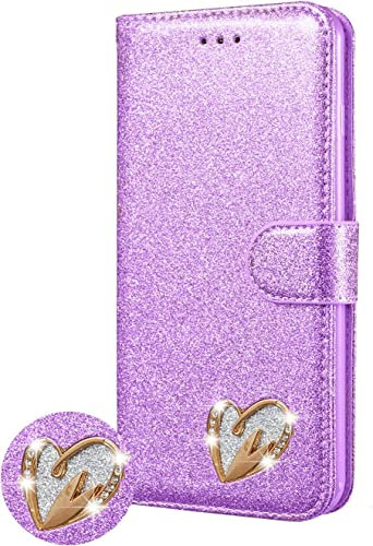 DN-Technology iPhone 16 Case (6.1 inch) Phone Case Heart Diamond Designer Leather Wallet For Women Phone Cover For iPhone 16 (PURPLE)