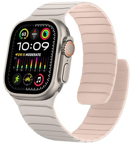 Sixmoat Cinturino Magnetico in Silicone Compatibile con Apple Watch 49mm 46mm 45mm 44mm 42mm per Uomo e Donna, Cinturini Sportivo e Leggero per Ultra SE Series 10 9 8 7 6 5 4 3, Rosa stellato