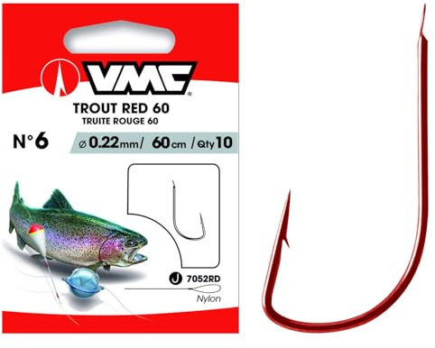 VMC Forellenhaken 7052 Vorfachhaken Rot 60cm - Handgebundene Haken für Wasserpose, Süßwasser Angeln, Profi Vorfachhaken für Forellen, 10 Stück