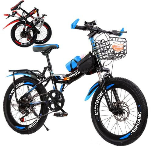 VHVYWY Mountainbike, 18/20/22/24 Zoll Klappräder aus Kohlenstoffstahl City Bike Faltrad mit Doppelscheibenbremse für Erwachsene Jugendfahrrad Kinderfahrrad Black Blue,18in