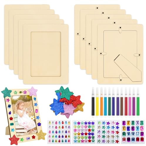 10 Stück Bilderrahmen Holz Set, 20x15 cm Holzbilderrahmen, Fotorahmen Bastelset, DIY Bastelset für Kinder mit Glitzersteinen Stickern, für Geburtstage, Hochzeiten & Home Deko