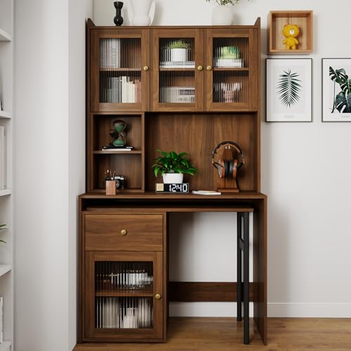 Computer Desk with Glass Door&Rotating Tabletop,Foldable Writing Desk,