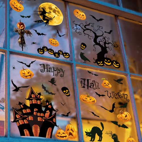 WandSticker4U®- [3 Bögen] Fensterbilder HALLOWEEN Kinder selbstklebend (65x48 cm) I Fenstersticker Kinder Halloween Party Deko Set I Fensterdeko Hexe, Kürbis, Fledermaus & Geisterhaus gruselig