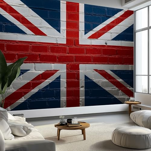 Non-Woven Premium Realistic UK Flag Brick Wall Photo Wallpaper, 3D Panoramic Custom Red Blue Photo Wallpaper Wall Mural 79 x 55 inch (W x H) - Living Room Background Decoration Poster
