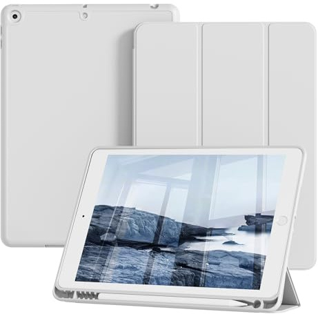 SQQSOOZ Coque pour iPad 10,2 Pouces (Modèle 2021/2020/2019, 9e/8e/7e Gén) | Housse Étui avec Pencil Holder pour iPad 10.2, Anti-Chute TPU Doux Arrière, Veille/Réveil Automatique, Gris